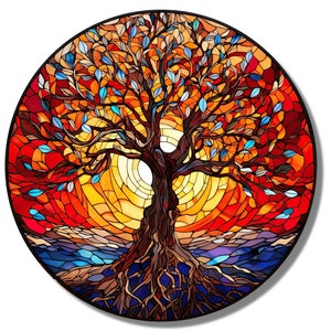 Tree of Life Stained Glass Window Wall Hangings Art Deco Panel Gift, Stained Glass Pattern Painting Round Home&Office Glass Wall Art Decor