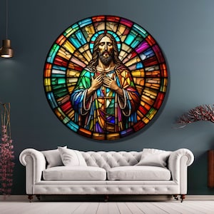 May include: A stained glass window depicting Jesus Christ with a colorful background. The image is circular and features a detailed design with vibrant colors.