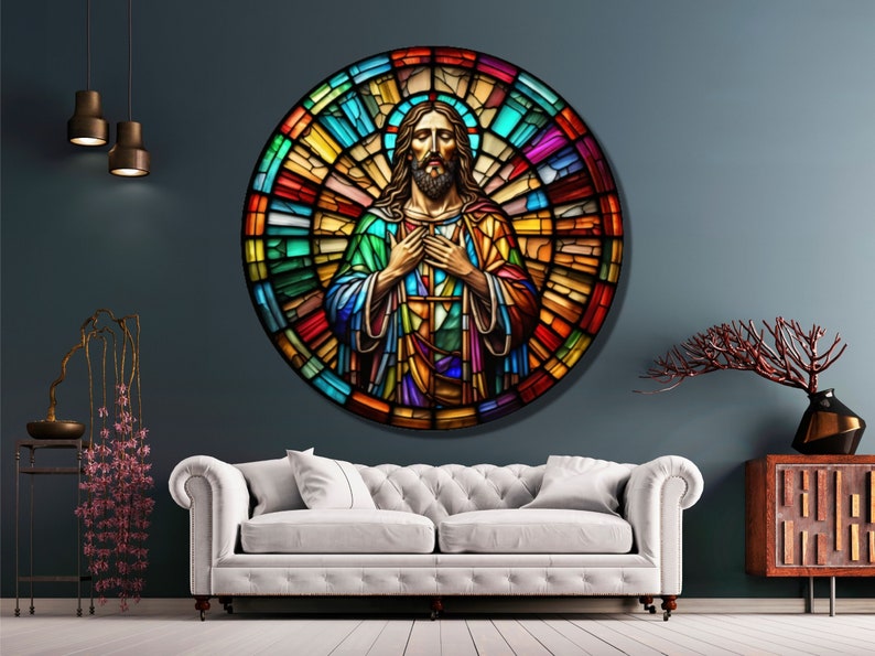 May include: A stained glass window depicting Jesus Christ with a colorful background. The image is circular and features a detailed design with vibrant colors.