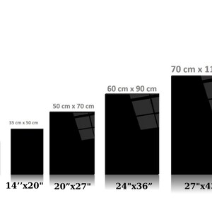 May include: A comparison chart of different sizes of black poster boards. The sizes are listed in both inches and centimeters. The sizes are: A4 (14" x 20"), 20" x 27", 24" x 36", and 27" x 43".
