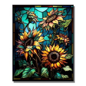 May include: A stained glass window design featuring four sunflowers with yellow petals and brown centers. The sunflowers are set against a blue and green background with a geometric pattern.