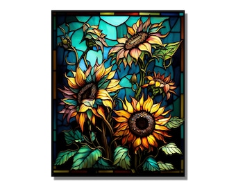 Sunflower Stained Glass Wall Painting Window Wall Hangings Panels, Stain Glass Flower Art, Home&Office Stained Glass Printing Wall Art Deco