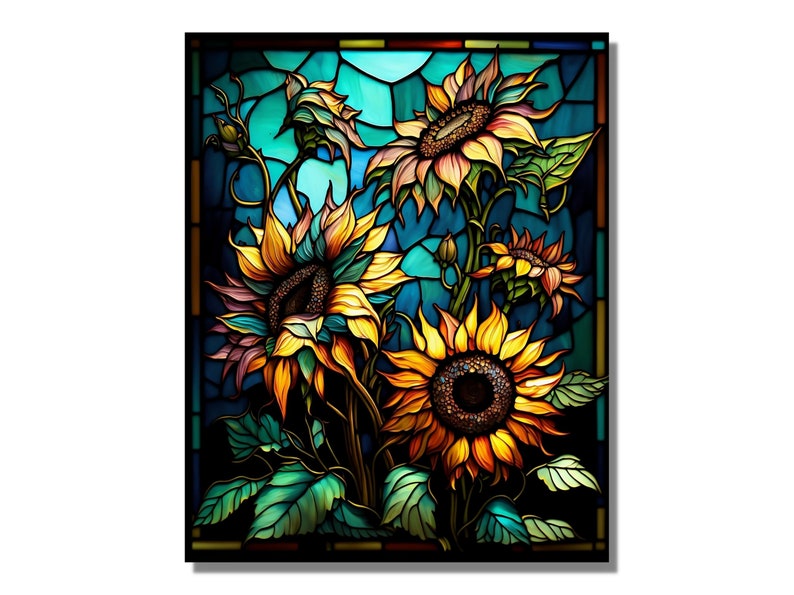 May include: A stained glass window design featuring four sunflowers with yellow petals and brown centers. The sunflowers are set against a blue and green background with a geometric pattern.