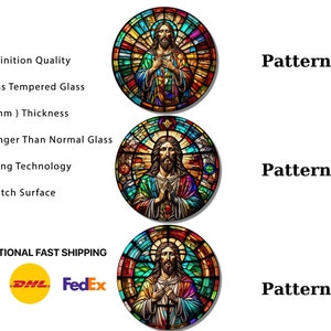 May include: Three stained glass window designs featuring a colorful image of Jesus Christ. Each design has a different pattern of stained glass. The designs are labeled "Pattern 1", "Pattern 2", and "Pattern 3".