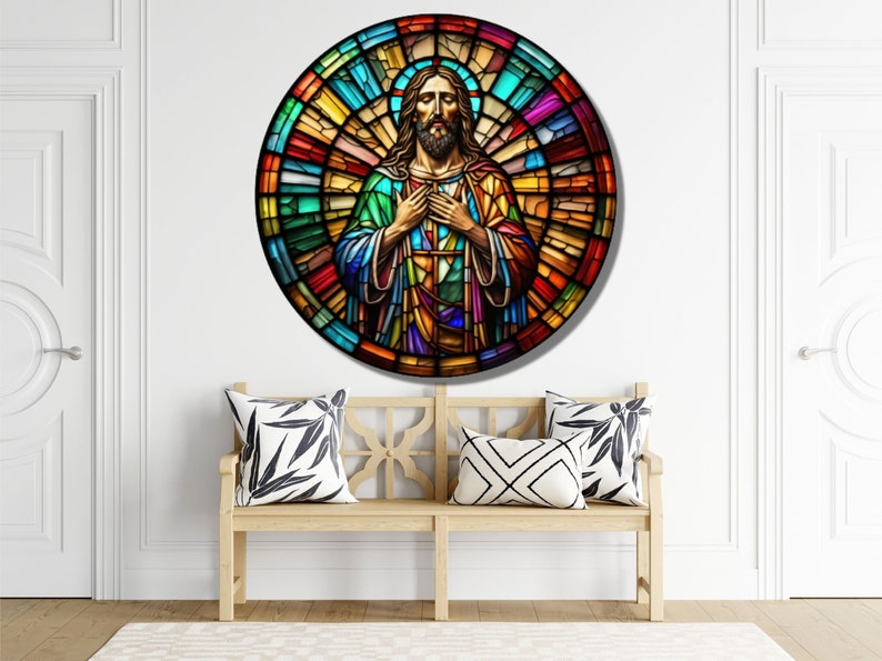 May include: A stained glass window depicting Jesus Christ with a colorful background. The image is circular and features a variety of colors, including red, blue, green, and yellow.