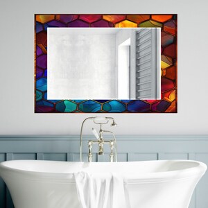 Stained Glass Pattern Wall Mirror Art Work Decor, Mirror Wall Decor for Bedroom, Wall Mirror for Bathroom, Stained Glass Art Design Gift Red image 8