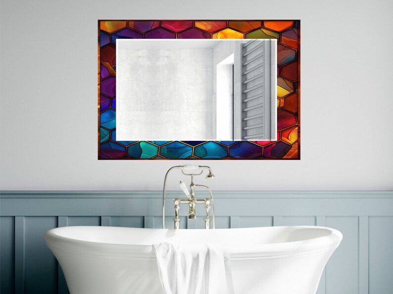 Stained Glass Pattern Wall Mirror Art Work Decor, Mirror Wall Decor for Bedroom, Wall Mirror for Bathroom, Stained Glass Art Design Gift Red image 8