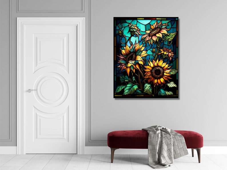 May include: A stained glass artwork featuring a cluster of sunflowers with yellow petals and brown centers. The sunflowers are set against a blue and green background with a stained glass pattern.