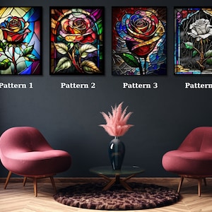 May include: Four framed stained glass images of roses. Each image features a different color and pattern of stained glass. The first image is a red rose with blue and green stained glass. The second image is a red rose with yellow and green stained glass. The third image is a red rose with blue and purple stained glass. The fourth image is a white rose with black and gray stained glass.