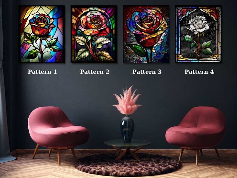 May include: Four framed stained glass images of roses. Each image features a different color and pattern of stained glass. The first image is a red rose with blue and green stained glass. The second image is a red rose with yellow and green stained glass. The third image is a red rose with blue and purple stained glass. The fourth image is a white rose with black and gray stained glass.