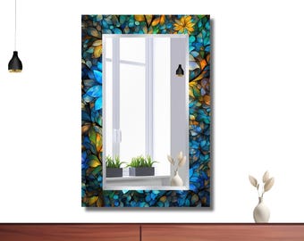 Miroir mural style vitrail, Miroir décoratif floral coloré, Décoration d'intérieur moderne