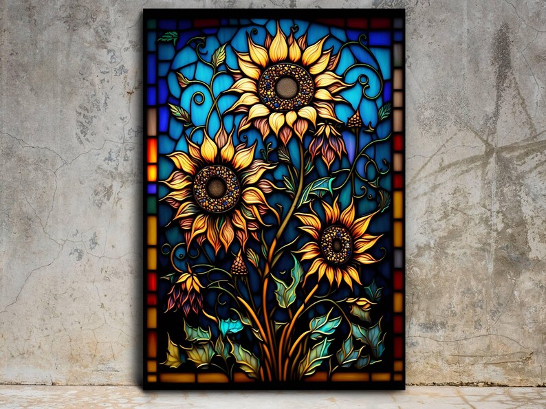 May include: A stained glass window design featuring three sunflowers with yellow petals and brown centers. The sunflowers are surrounded by green leaves and vines. The background is a blue and purple gradient.