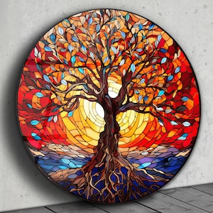Tree of Life Stained Glass Window Wall Hangings Art Deco Panel Gift, Stained Glass Pattern Painting Round Home&Office Glass Wall Art Decor