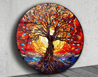 Tree of Life Stained Glass Window Wall Hangings Art Deco Panel Gift, Stained Glass Pattern Painting Round Home&Office Glass Wall Art Decor
