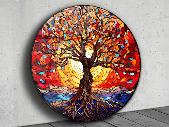 Peacock Round Stained Acrylic Window Hanging Panels Plants Flower Indoor