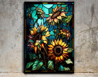 Sunflower Stained Glass Wall Painting Window Wall Hangings Panels, Stain Glass Flower Art, Home&Office Stained Glass Printing Wall Art Deco