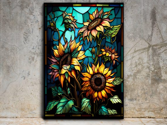 Sunflower Stained Glass Wall Painting Window Wall Hangings Panels, Stain Glass Flower Art, Home&Office Stained Glass Printing Wall Art Deco