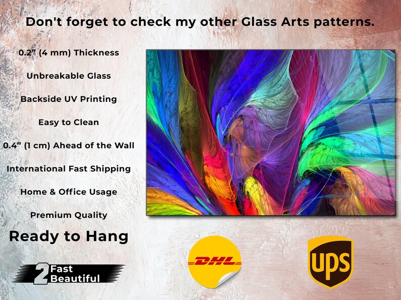 Puede incluir: Impresi&oacute;n de arte abstracto en vidrio con tonos vibrantes de azul, verde, amarillo, rojo y morado. La impresi&oacute;n tiene 0,5 cm de grosor y est&aacute; lista para colgar. Est&aacute; hecha de vidrio irrompible y presenta impresi&oacute;n UV en la parte posterior.