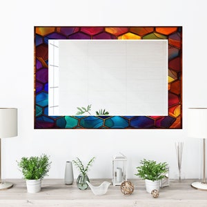 Stained Glass Pattern Wall Mirror Art Work Decor, Mirror Wall Decor for Bedroom, Wall Mirror for Bathroom, Stained Glass Art Design Gift Red image 7