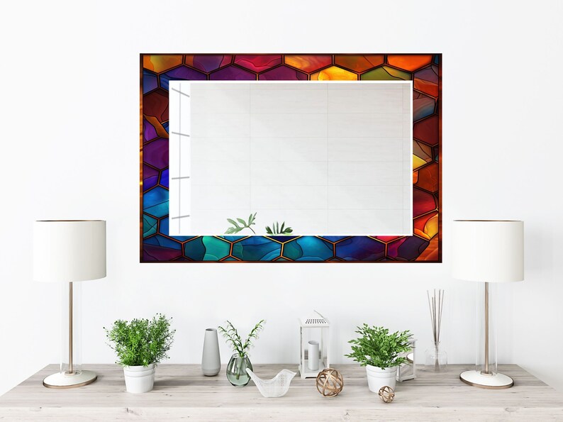 Stained Glass Pattern Wall Mirror Art Work Decor, Mirror Wall Decor for Bedroom, Wall Mirror for Bathroom, Stained Glass Art Design Gift Red image 7