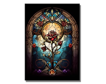 Stained Glass Wall Painting Art Work, Stain Glass Rose Window Wall Hangings, Glass Printing Wall Art, Home Office Wall Decor, Glass UV Print