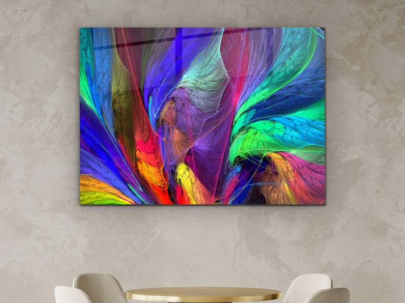 Puede incluir: Impresi&oacute;n de arte abstracto con un remolino de colores azul, verde, morado, amarillo y rojo. Los colores se mezclan en un patr&oacute;n din&aacute;mico y fluido.
