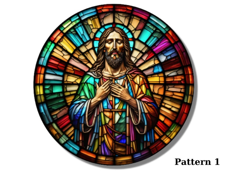 May include: A stained glass window depicting Jesus Christ with a colorful background. The image is circular and features a variety of colors, including red, blue, green, yellow, and purple.
