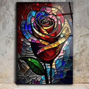 May include: A colorful stained glass rose with red, yellow, blue, green, and purple hues. The rose is depicted in a mosaic style with a black outline.