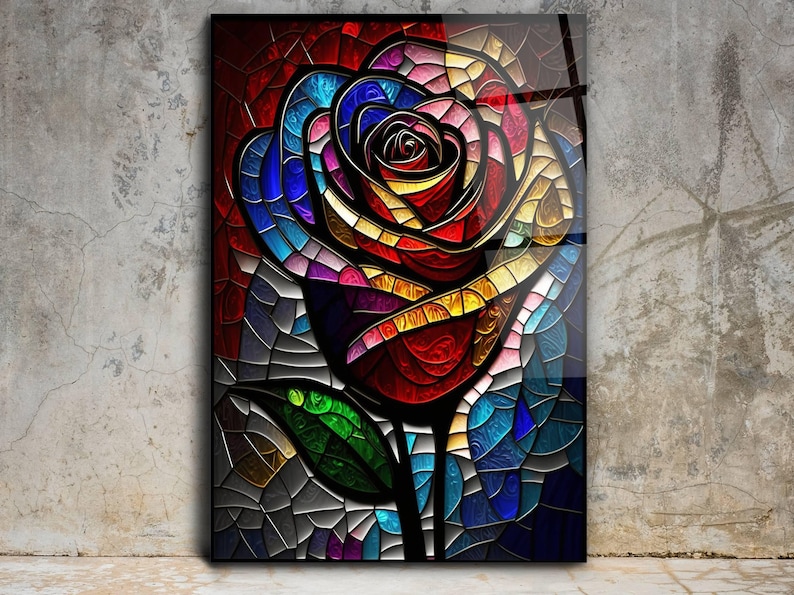 May include: A colorful stained glass rose with red, yellow, blue, green, and purple hues. The rose is depicted in a mosaic style with a black outline.