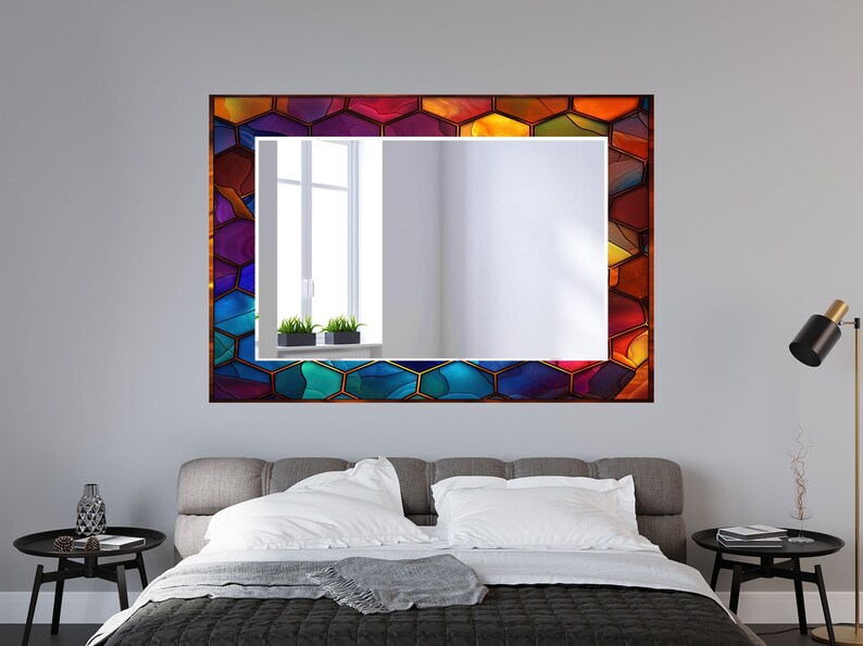 Stained Glass Pattern Wall Mirror Art Work Decor, Mirror Wall Decor for Bedroom, Wall Mirror for Bathroom, Stained Glass Art Design Gift Red image 10