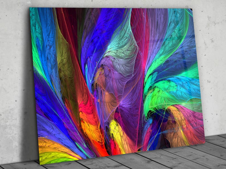 Puede incluir: Impresi&oacute;n de arte abstracto con un remolino de colores azul, verde, morado, rojo, amarillo y naranja. Los colores se mezclan y se superponen, creando una composici&oacute;n din&aacute;mica y en&eacute;rgica.