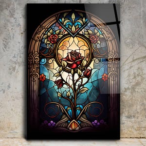 Stained Glass Wall Painting Art Work, Stain Glass Rose Window Wall Hangings, Glass Printing Wall Art, Home Office Wall Decor, Glass UV Print