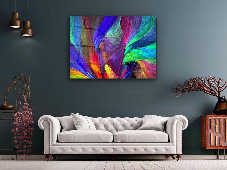 Puede incluir: Impresi&oacute;n de arte abstracto con colores vibrantes de azul, verde, morado, rojo y amarillo. La obra de arte presenta l&iacute;neas y formas que se arremolinan y fluyen.