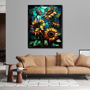 Puede incluir: Un dise&ntilde;o de vitral con un grupo de girasoles con p&eacute;talos amarillos, centros marrones y hojas verdes. El fondo es de un azul vibrante con toques de verde y amarillo.