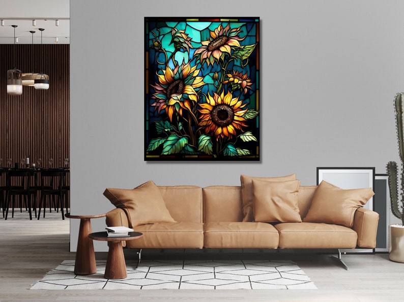 Puede incluir: Un dise&ntilde;o de vitral con un grupo de girasoles con p&eacute;talos amarillos, centros marrones y hojas verdes. El fondo es de un azul vibrante con toques de verde y amarillo.