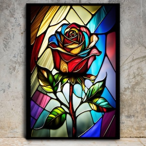 May include: A stained glass window depicting a colorful rose with red, yellow, blue, and green hues. The rose is in full bloom and has a long stem with leaves.