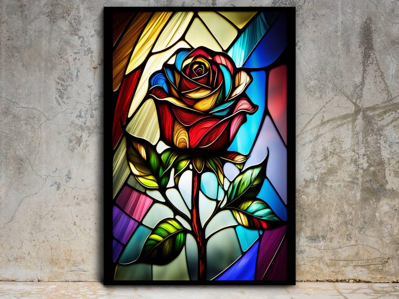 May include: A stained glass window depicting a colorful rose with red, yellow, blue, and green hues. The rose is in full bloom and has a long stem with leaves.
