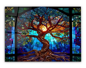 Stained Glass Painting Life of Tree-Glass Printing Wall Art-Large Wall Art-Wall Hangings-Art Deco Panel-Stepmom Gift-Office&Home Decor