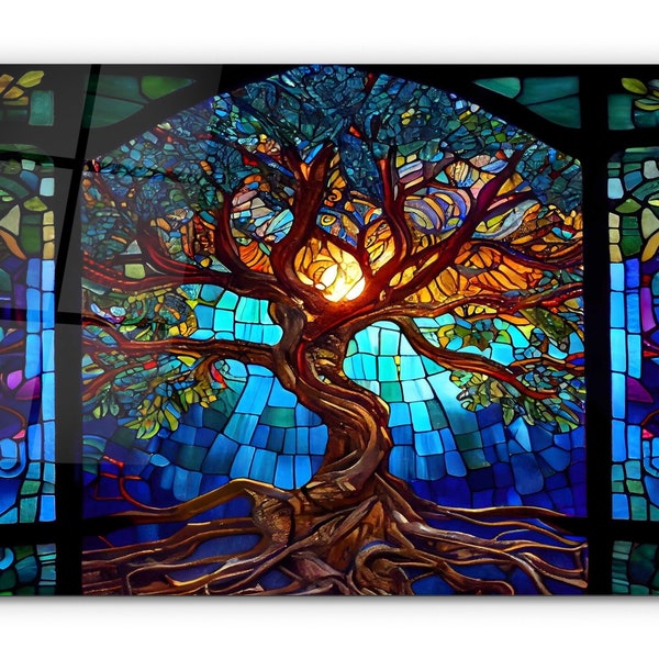 Stained Glass Painting Life of Tree-Glass Printing Wall Art-Large Wall Art-Wall Hangings-Art Deco Panel-Stepmom Gift-Office&Home Decor