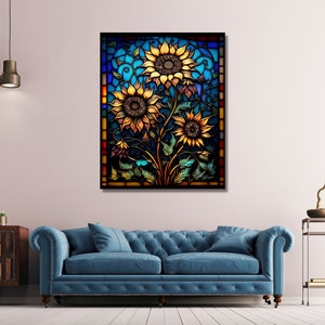 Puede incluir: Un dise&ntilde;o de vitral con tres girasoles con p&eacute;talos amarillos y centros marrones. Los girasoles est&aacute;n rodeados de hojas verdes y enredaderas. El fondo es un degradado azul y verde con un borde rojo y naranja.