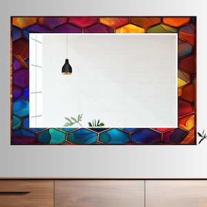 Stained Glass Pattern Wall Mirror Art Work Decor, Mirror Wall Decor for Bedroom, Wall Mirror for Bathroom, Stained Glass Art Design Gift Red Horizontal