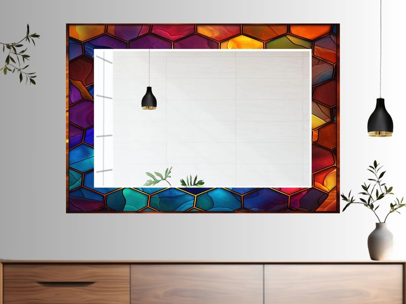 Stained Glass Pattern Wall Mirror Art Work Decor, Mirror Wall Decor for Bedroom, Wall Mirror for Bathroom, Stained Glass Art Design Gift Red Horizontal