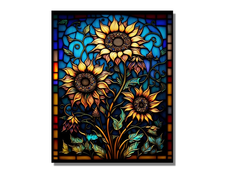 Puede incluir: Un dise&ntilde;o de vitral con tres girasoles con p&eacute;talos amarillos y centros marrones. Los girasoles est&aacute;n rodeados de hojas verdes y enredaderas sobre un fondo azul.