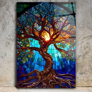Stained Glass Painting Tree of Life, Stained Glass Window Glass Wall Art Work , Home Wall Decor, Wall Hangings Art Deco Panel, Stepdad Gift