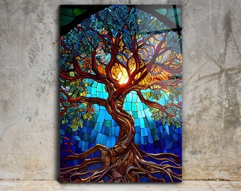 Stained Glass Painting Tree of Life, Stained Glass Window Glass Wall Art Work , Home Wall Decor, Wall Hangings Art Deco Panel, Stepdad Gift