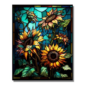 Puede incluir: Una ventana de vitrales que representa un grupo de girasoles con p&eacute;talos amarillos, centros marrones y hojas verdes. El fondo es un mosaico de vidrio azul, verde y amarillo.