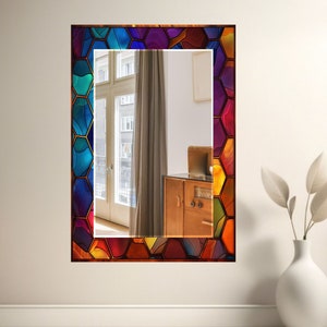 Stained Glass Pattern Wall Mirror Art Work Decor, Mirror Wall Decor for Bedroom, Wall Mirror for Bathroom, Stained Glass Art Design Gift Red image 5