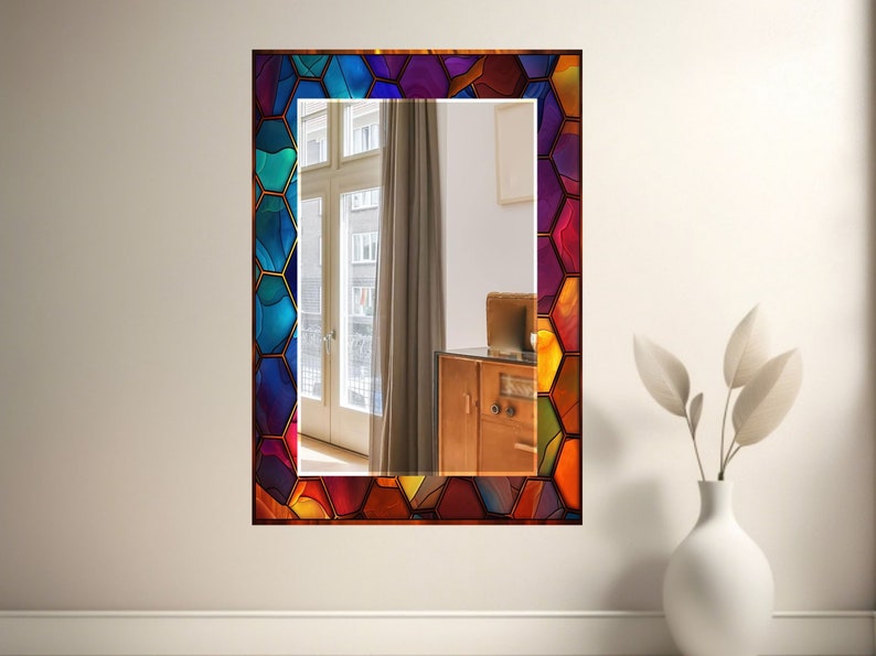 Stained Glass Pattern Wall Mirror Art Work Decor, Mirror Wall Decor for Bedroom, Wall Mirror for Bathroom, Stained Glass Art Design Gift Red image 5