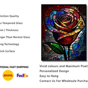 May include: A colorful stained glass rose with a green stem and leaves. The glass is textured and has a mosaic effect. The rose is set against a dark background.