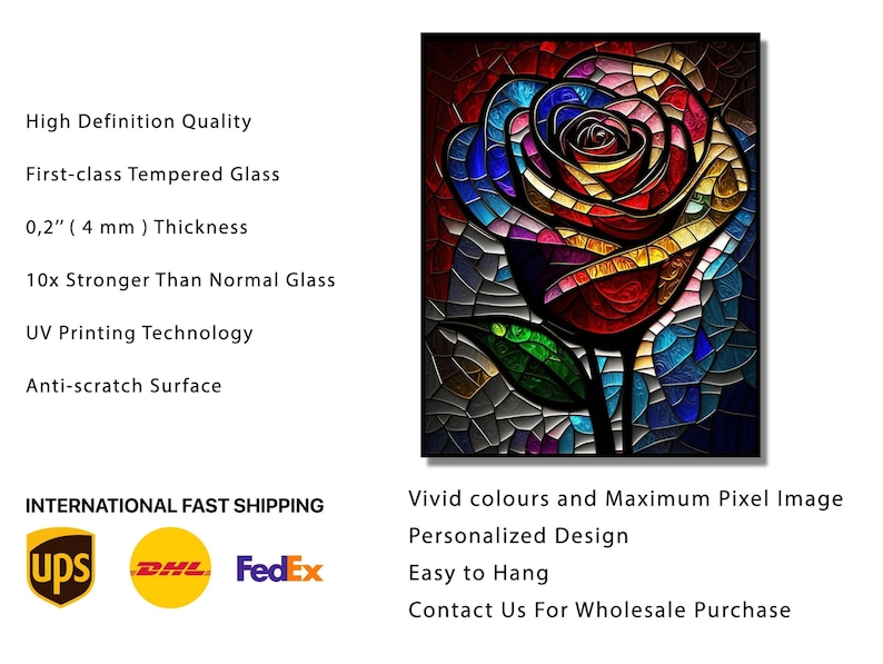 May include: A colorful stained glass rose with a green stem and leaves. The glass is textured and has a mosaic effect. The rose is set against a dark background.